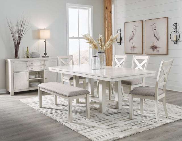 Ashley Robbinsdale - Antique White - 7 Pc. - Rectangular Dining Room Extension Table, 4 Upholstered Side Chairs, Bench, Server