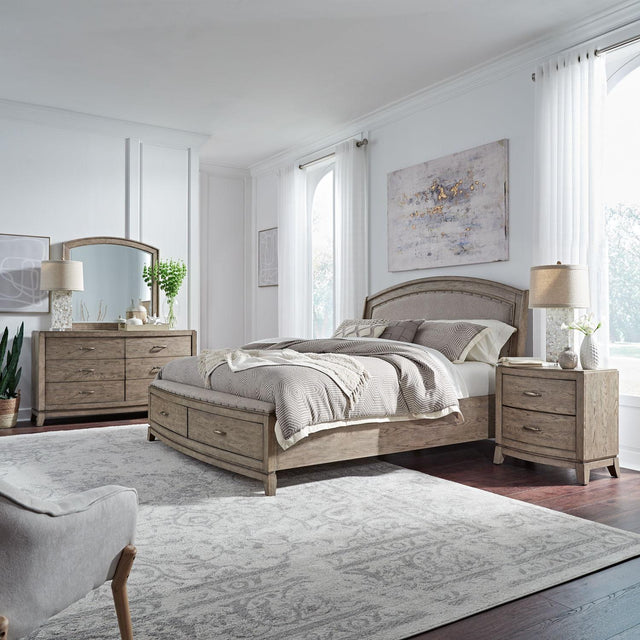 Liberty Furniture Avalon - 4 Piece Bedroom Set (King Upholstered Storage Bed, Dresser & Mirror, Nightstand) - Burnished Beige