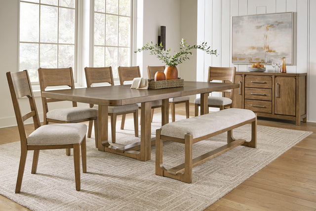 Ashley Cabalynn - Oatmeal / Light Brown - 9 Pc. - Dining Room Table, 6 Side Chairs, Bench, Server