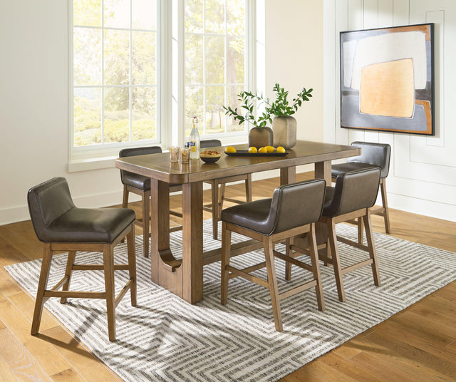 Ashley Cabalynn - Light Brown - 7 Pc. - Rectangular Dining Room Counter Table, 6 Upholstered Barstools