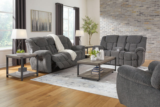 Ashley Foreside - Charcoal - 3 Pc. - Reclining Sofa, Reclining Loveseat With Console, Rocker Recliner