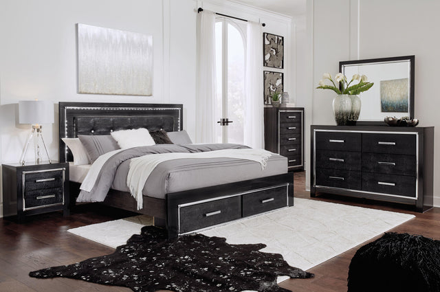 Ashley Kaydell - Black - 5 Pc. - Dresser, Mirror, King Upholstered Panel Bed With 2 Storage Drawers