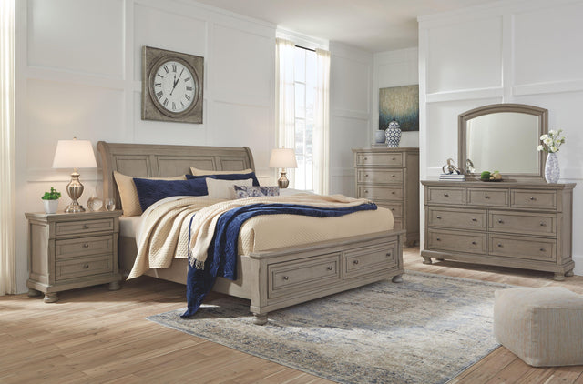 Ashley Lettner - Light Gray - 5 Pc. - Dresser, Mirror, Queen Sleigh Bed With 2 Storage Drawers