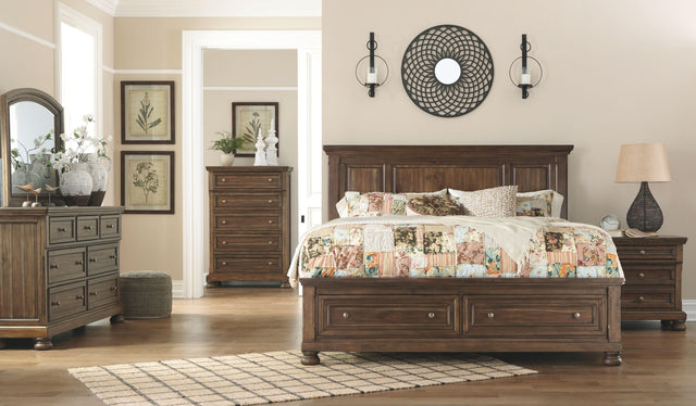 Ashley Flynnter - Medium Brown - 5 Pc. - Dresser, Mirror, California King Panel Bed With 2 Storage Drawers