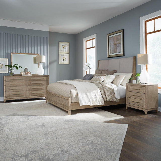 Liberty Furniture Brentwood - 4 Piece Bedroom Set (California King Upholstered Bed, Dresser & Mirror, Nightstand) - Sandstone