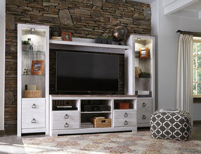 Ashley Willowton - Whitewash - 4 Pc. - Entertainment Center - 64" TV Stand With Fireplace Option