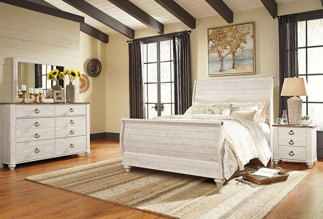 Ashley Willowton - Whitewash - 6 Pc. - Dresser, Mirror, Queen Sleigh Bed, Nightstand