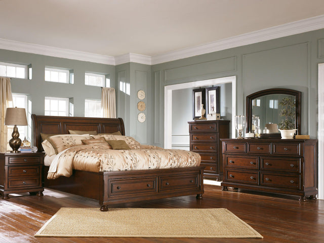 Ashley Porter - Rustic Brown - 6 Pc. - Dresser, Mirror, Queen Sleigh Bed With 2 Storage Drawers, Nightstand