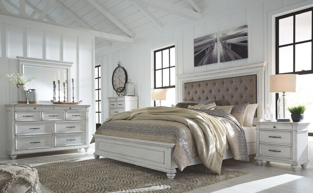 Ashley Kanwyn - Whitewash - 5 Pc. - Dresser, Mirror, California King Panel Upholstered Bed