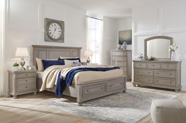 Ashley Lettner - Light Gray - California King Panel Storage Bed - 5 Pc. - Dresser, Mirror, Cal King Bed