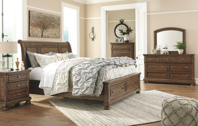 Ashley Flynnter - Medium Brown - 5 Pc. - Dresser, Mirror, King Sleigh Bed With 2 Storage Drawers