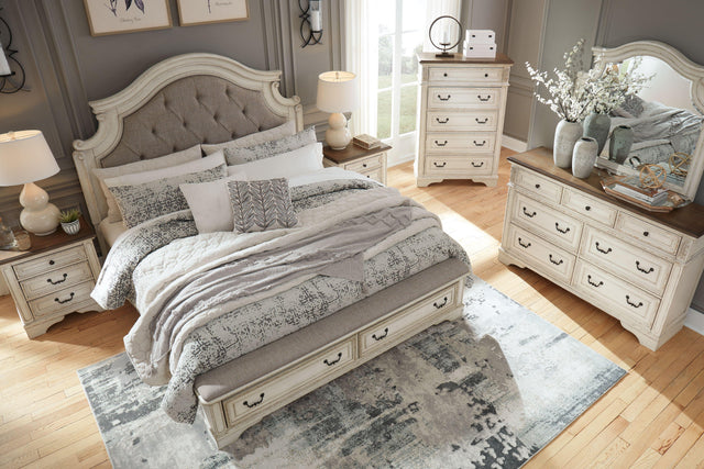 Ashley Realyn - White / Brown / Beige - California King Upholstered Bed - 7 Pc. - Dresser, Mirror, Cal King Bed, 2 Nightstands