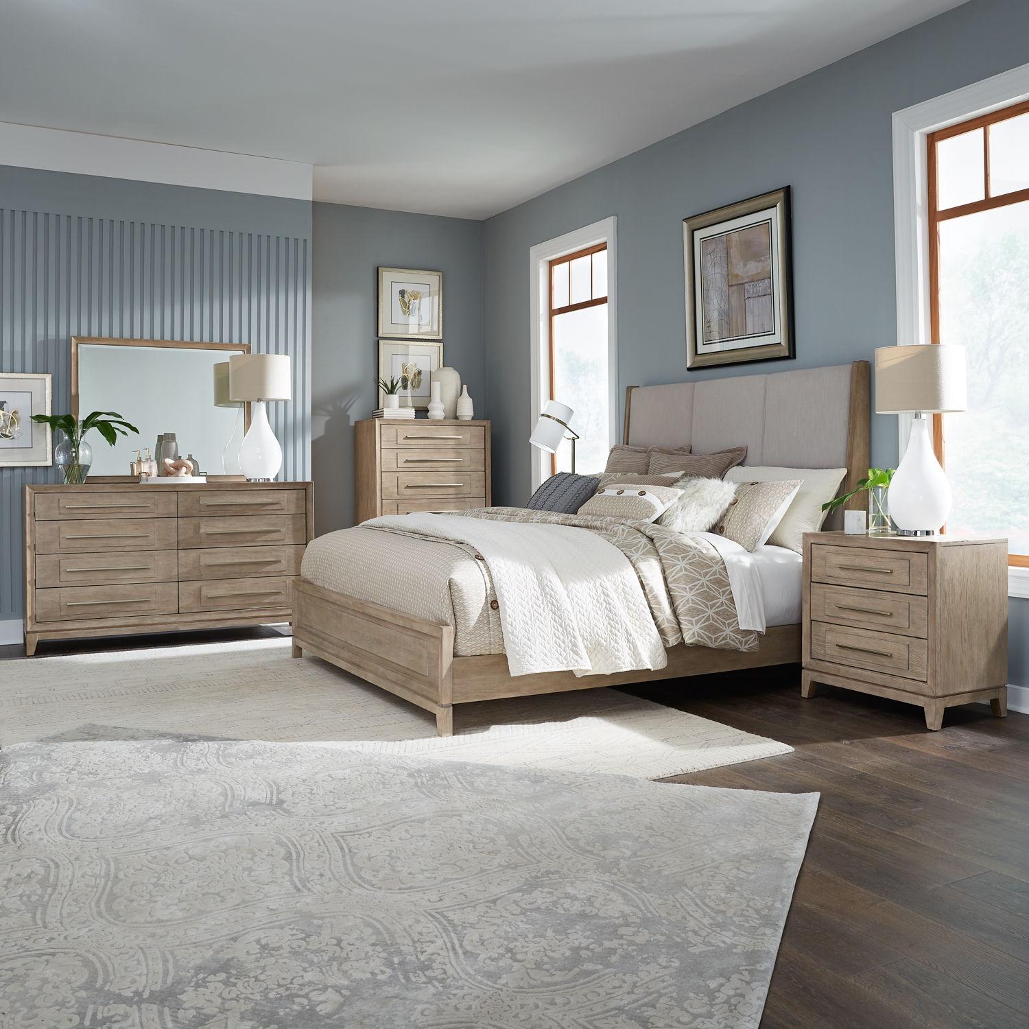 Brentwood Upholstered Bedroom Set Light Brown 5 Pc. Bed Dresser Mirror Chest Nightstand King