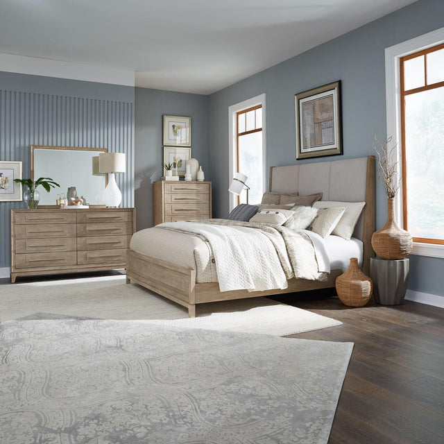 Liberty Furniture Brentwood - 4 Piece Bedroom Set (Queen Upholstered Bed, Dresser & Mirror, Chest) - Sandstone