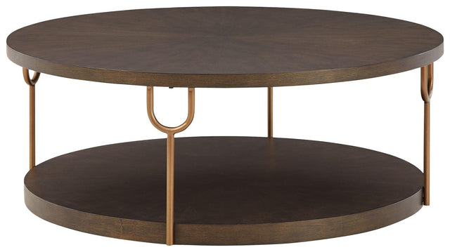 Ashley Brazburn Round Cocktail Table - Dark Brown/Gold Finish