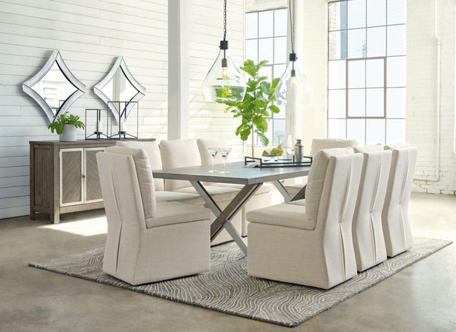 Ashley Krystanza - Weathered Gray - 10 Pc. - Dining Room Table, 8 Oatmeal Side Chairs, Server