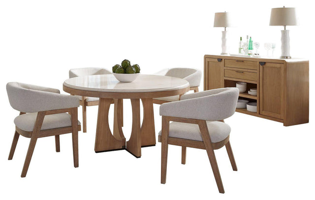 Parker House Escape - Dining 54" Round Table With Buffet Server & 4 Barrel Chairs - Glazed Natural Oak