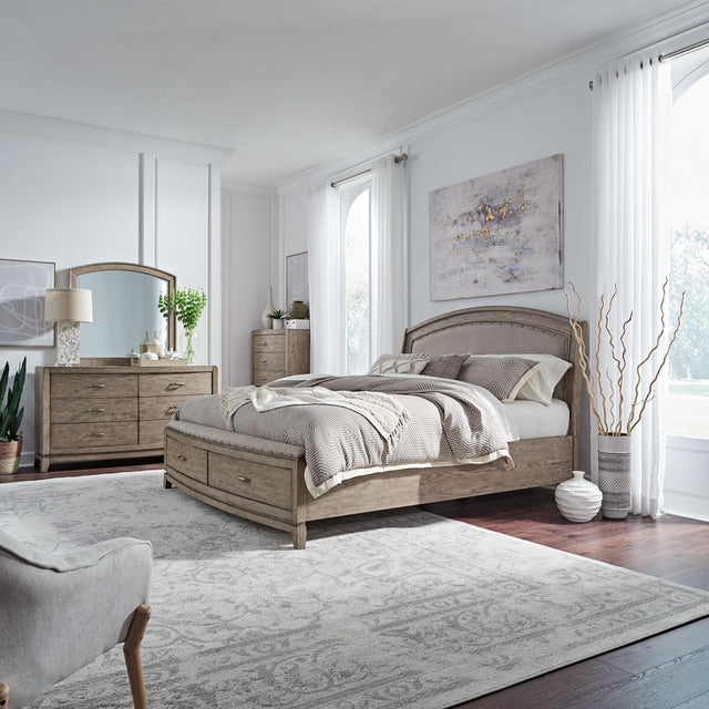 Liberty Furniture Avalon - 4 Piece Bedroom Set (King Upholstered Storage Bed, Dresser & Mirror, Chest) - Burnished Beige