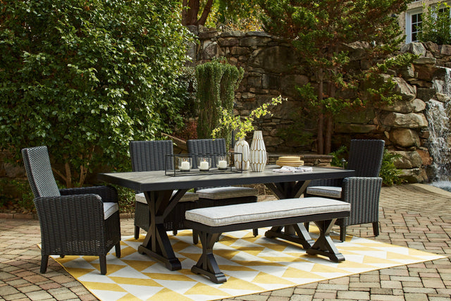 Ashley Beachcroft - Black / Light Gray - 6 Pc. - Outdoor Dining Table, 2 Side Chairs, 2 Arm Chairs, Bench