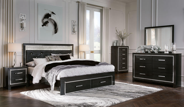 Ashley Kaydell - Black - 5 Pc. - Dresser, Mirror, Queen Upholstered Glitter Panel Storage Bed