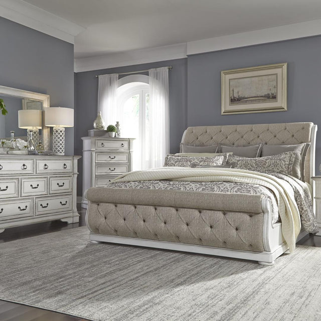 Liberty Furniture Abbey Park - Queen Upholstered Sleigh Bed, Dresser & Mirror, Chest - White