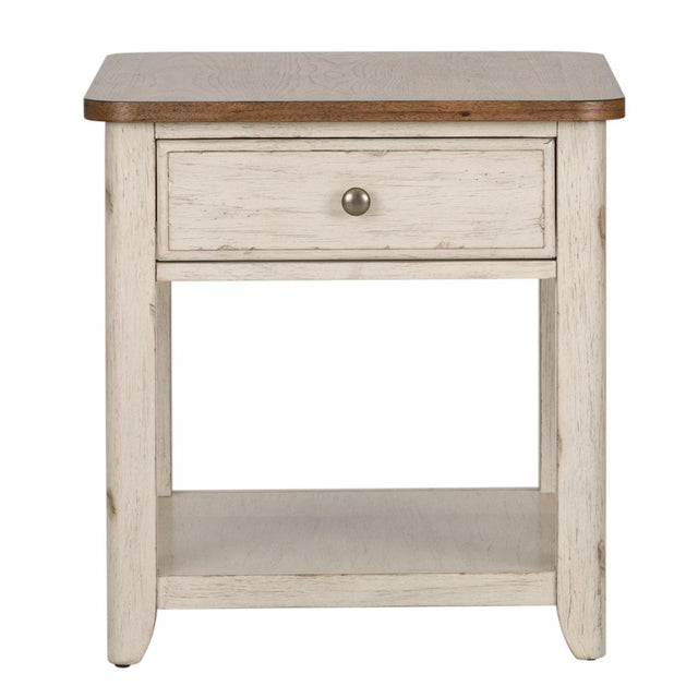 Liberty Farmhouse Reimagined End Table with Basket - White