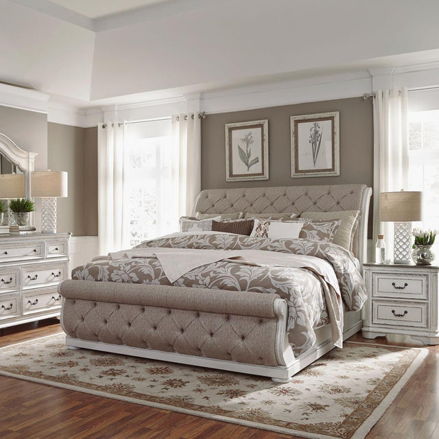 Liberty Magnolia Manor Queen Uph Sleigh Bed, Dresser & Mirror, Night Stand - White