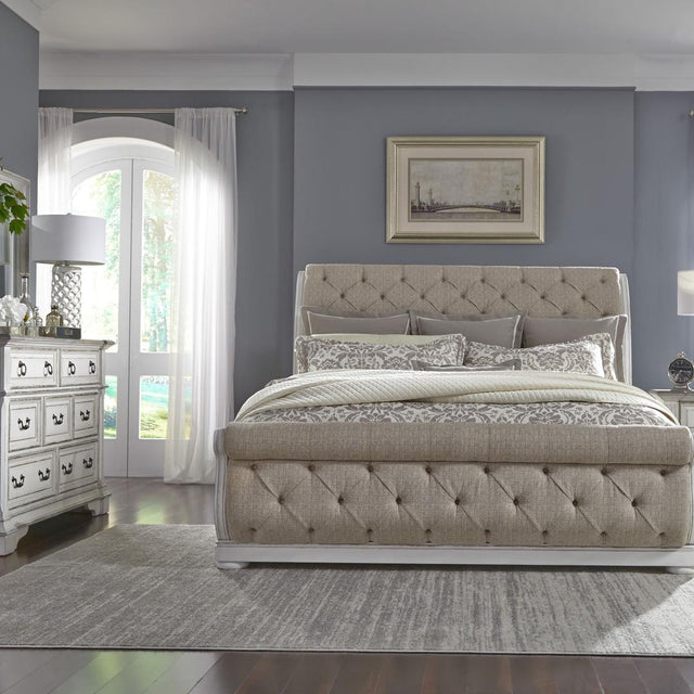 Liberty Furniture Abbey Park - Queen Upholstered Sleigh Bed, Dresser & Mirror - White