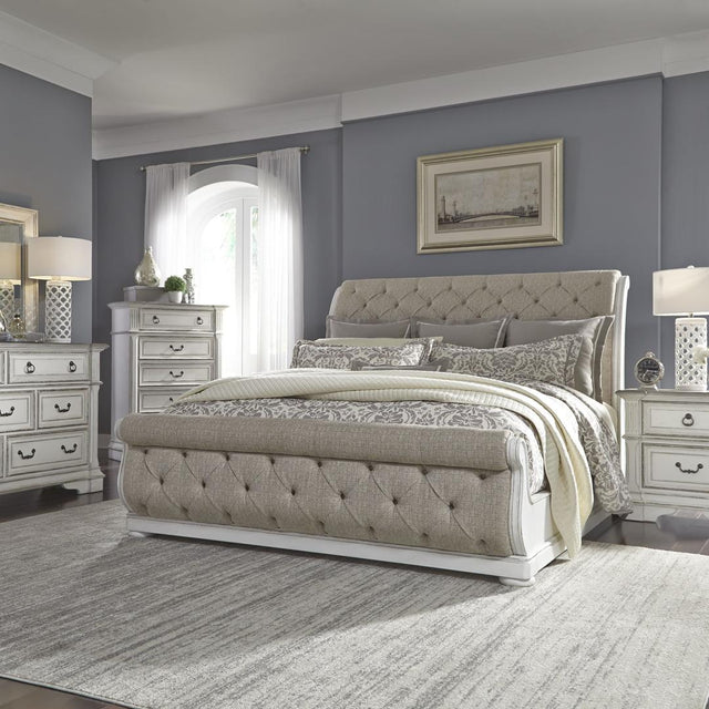 Liberty Furniture Abbey Park - Queen Upholstered Sleigh Bed, Dresser & Mirror, Chest, Night Stand - White