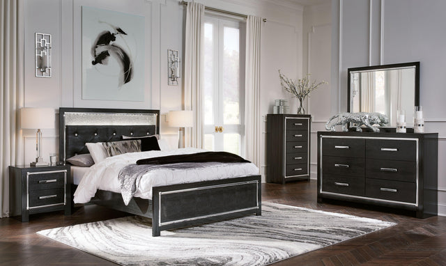 Ashley Kaydell - Black - 5 Pc. - Dresser, Mirror, Queen Upholstered Glitter Panel Bed