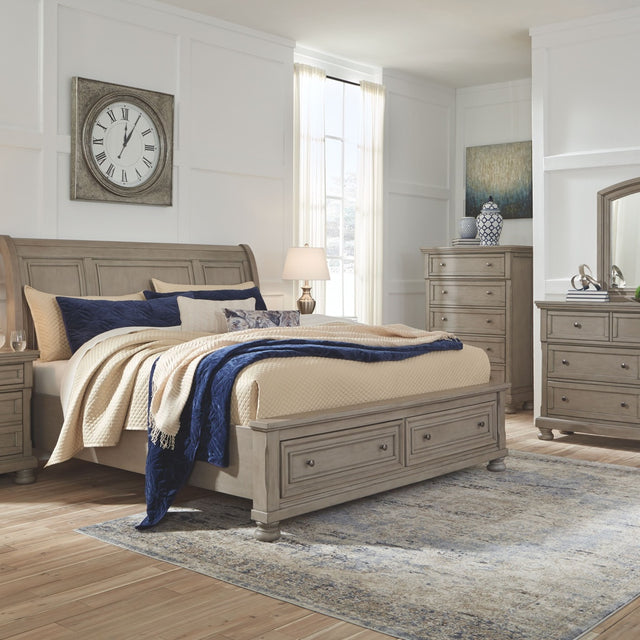 Ashley Lettner - Light Gray - 5 Pc. - Dresser, Mirror, King Sleigh Bed With 2 Storage Drawers